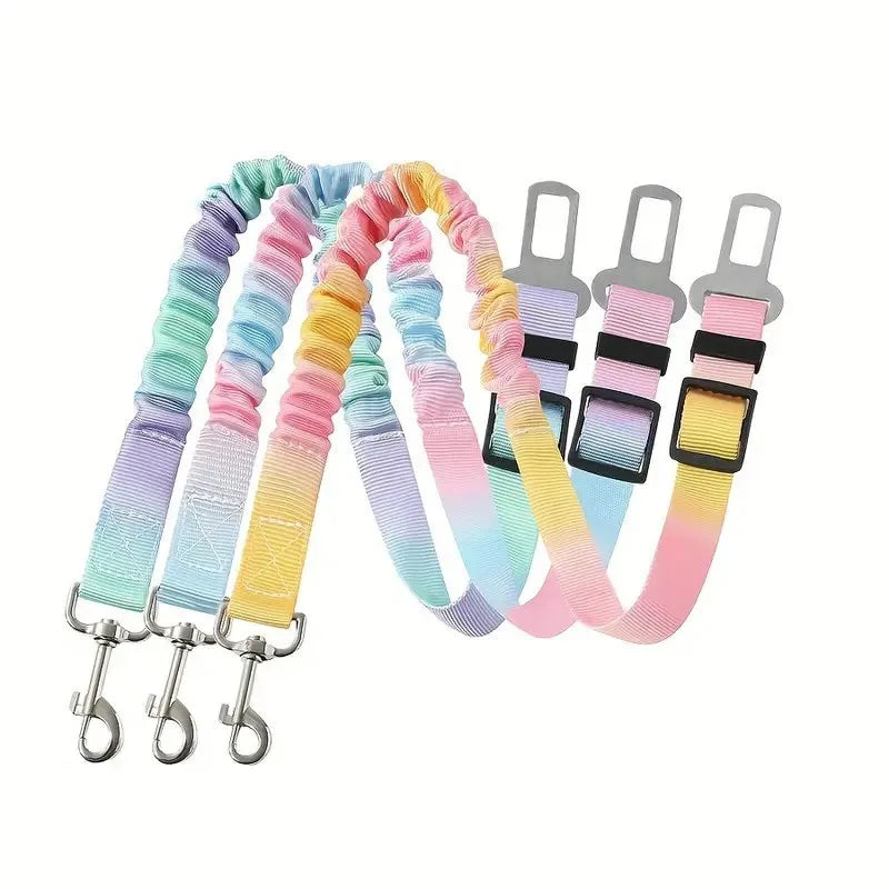 Aviour colorful pet seat belt with lead rope set featuring adjustable straps and metal clips for pet safety in cars