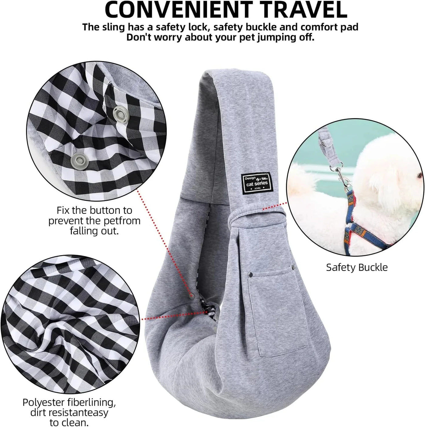 Aviour gray pet shoulder carrier bag with safety buckle, button lock, and polyester fiber lining