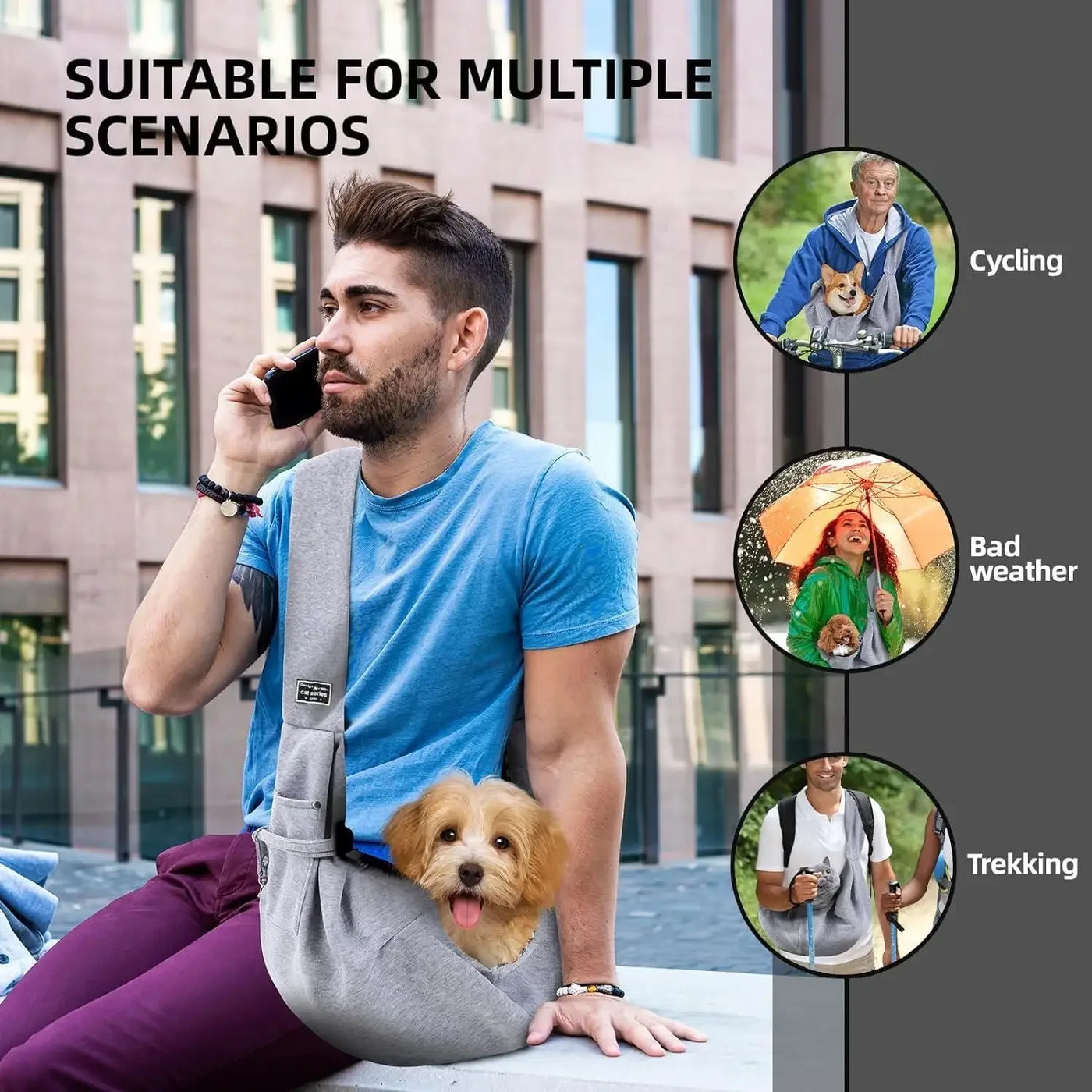 Man using Aviour pet shoulder carrier bag with small dog sitting comfortably inside outdoors