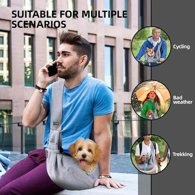 Man using Aviour pet shoulder carrier bag with small dog sitting comfortably inside outdoors