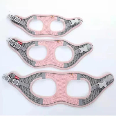 Aviour adjustable pet harness vest in pink and gray mesh available in three sizes for comfort and security