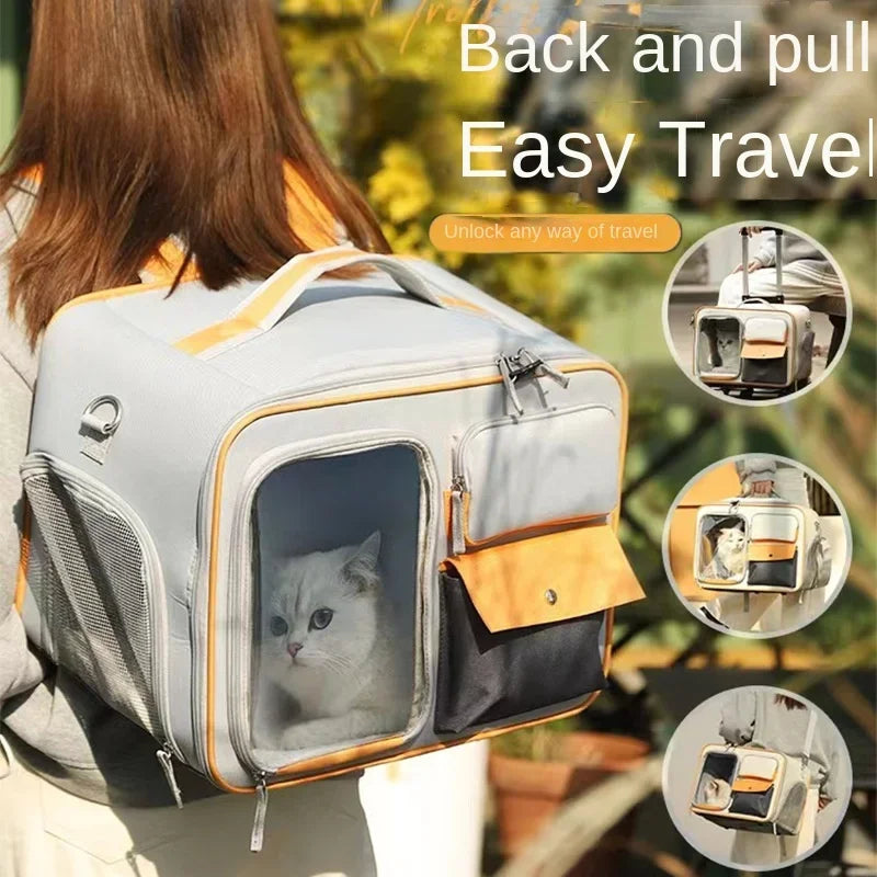 Aviour portable cat carrier on wheels in gray and orange with mesh windows and multiple pockets