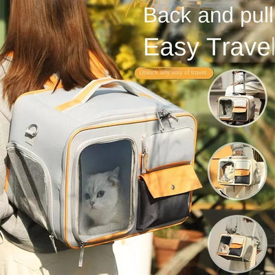 Aviour portable cat carrier on wheels in gray and orange with mesh windows and multiple pockets