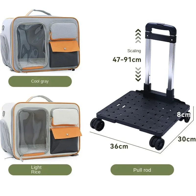 Aviour portable cat carrier on wheels in cool gray and light rice colors with detachable pull rod and dimensions