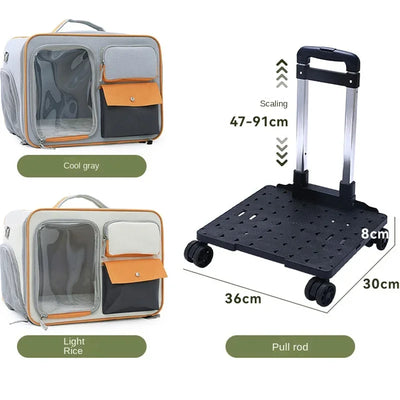 Aviour portable cat carrier on wheels in cool gray and light rice colors with detachable pull rod and dimensions