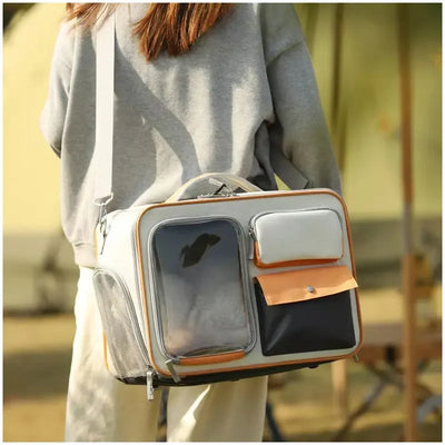 Aviour portable cat carrier on wheels in gray with transparent front window and storage pockets