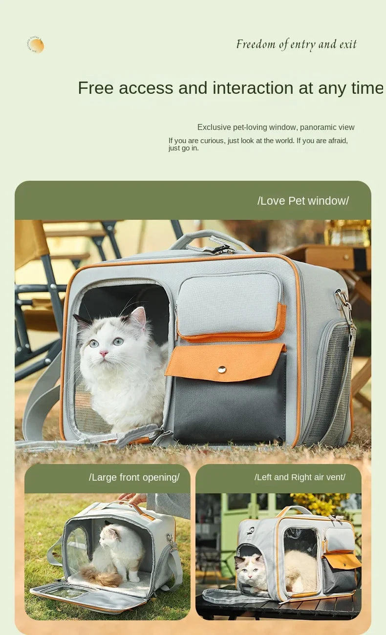 Aviour portable cat carrier on wheels with large front opening and pet window showing white cat inside