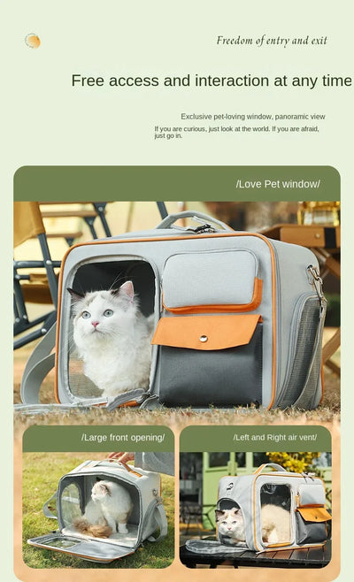Aviour portable cat carrier on wheels with large front opening and pet window showing white cat inside