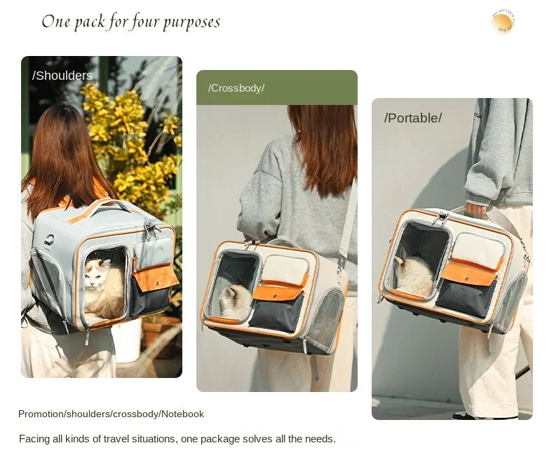 Aviour portable cat carrier on wheels shown being carried on shoulders, crossbody, and by hand with a cat inside