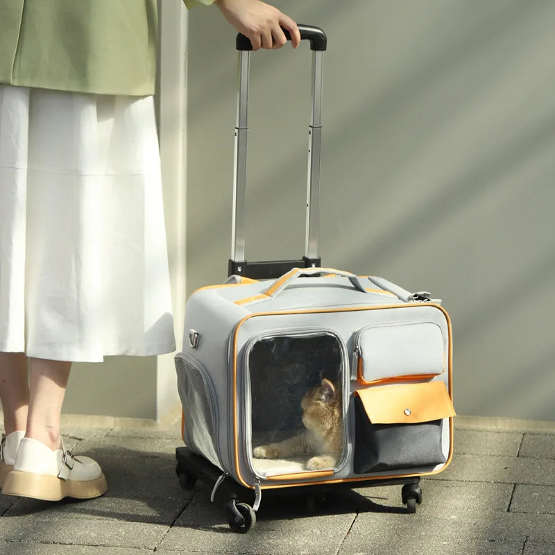Aviour portable cat carrier on wheels with retractable handle and side storage pockets, featuring a cat inside
