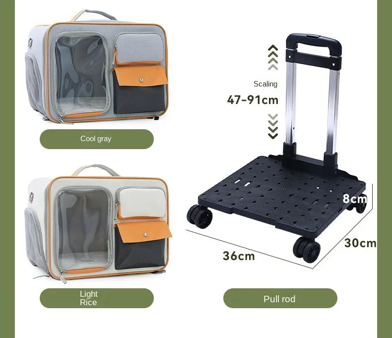 Aviour portable cat carrier on wheels in cool gray and light rice colors with adjustable pull rod dimensions 47 to 91 cm