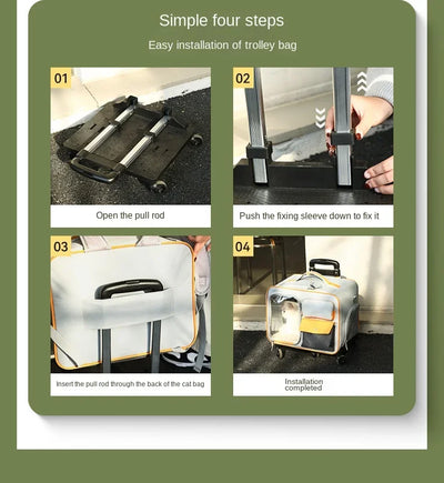 Step-by-step guide showing easy installation of portable cat carrier on wheels trolley bag