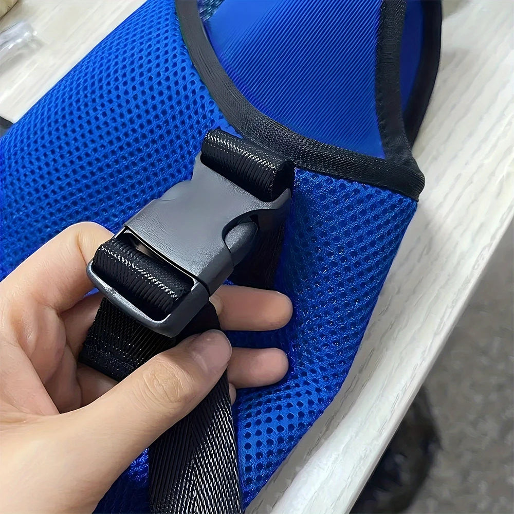 Blue safe grooming hammock for pets by Aviour with durable black buckle and mesh fabric