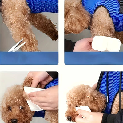 Aviour safe grooming hammock for pets holding a small curly dog for grooming and cleaning