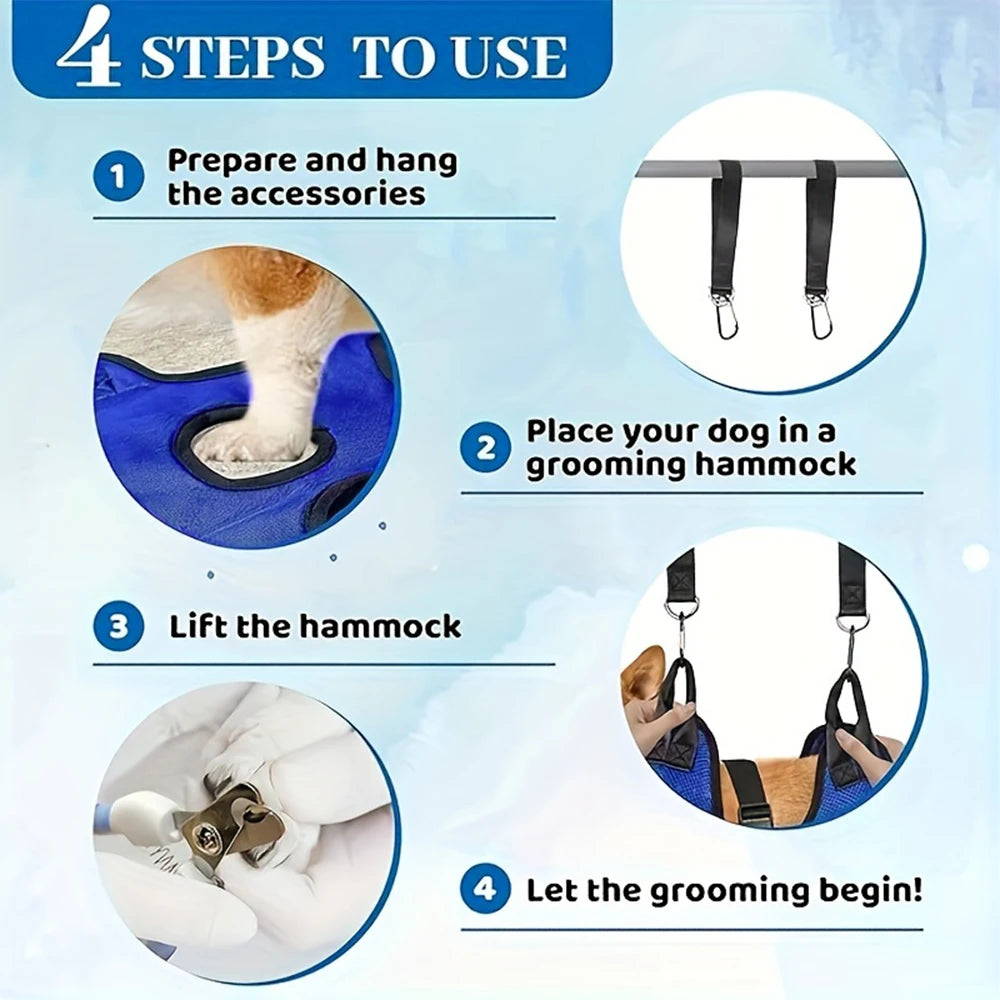 Step-by-step guide to using Aviour safe grooming hammock for pets with hanging straps and pet placement