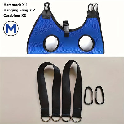 Aviour safe grooming hammock for pets in blue with hanging slings and carabiners included