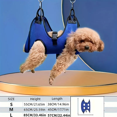 Aviour safe grooming hammock for pets in blue supporting a small brown dog during grooming
