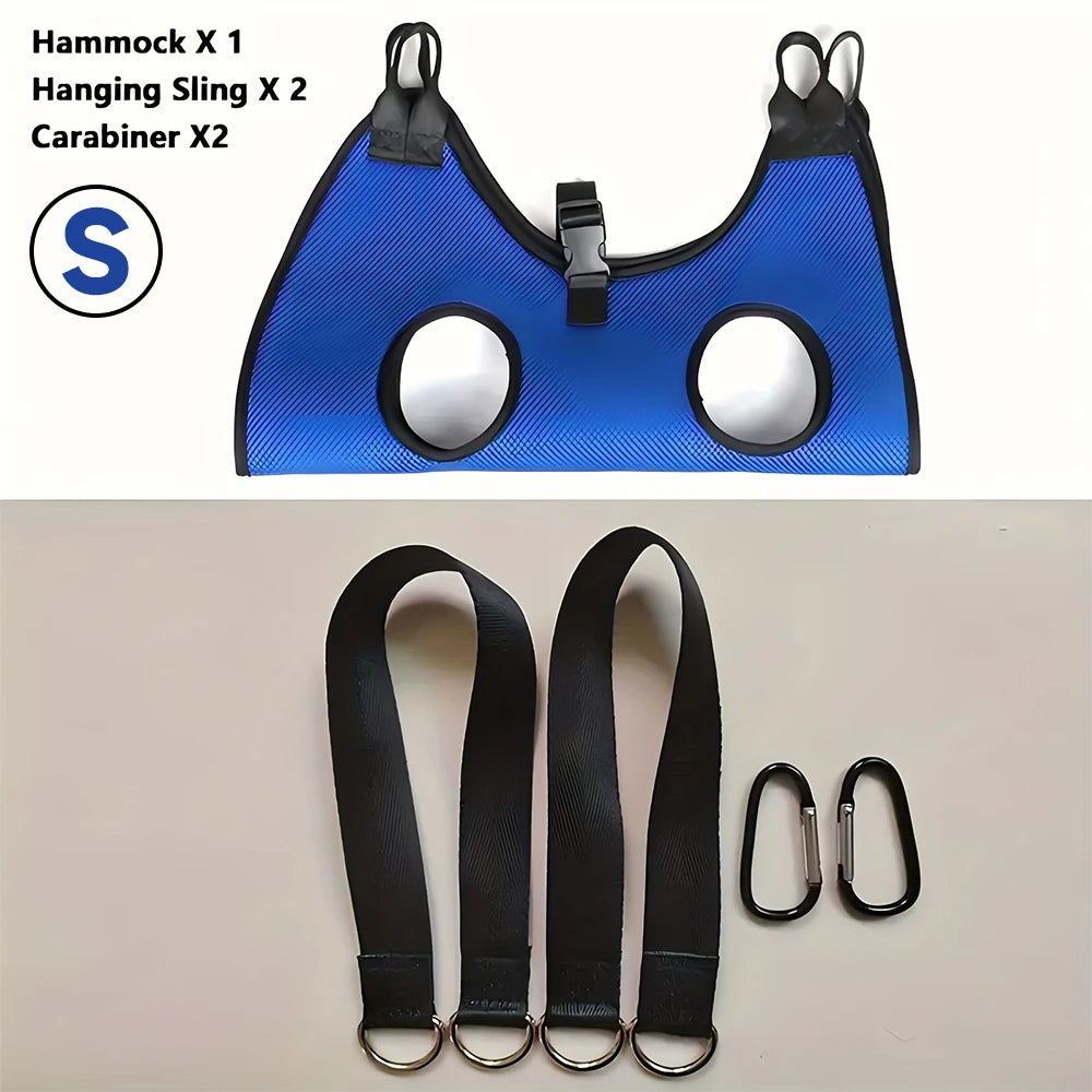 Aviour safe grooming hammock for pets in blue with hanging slings and carabiners for secure use