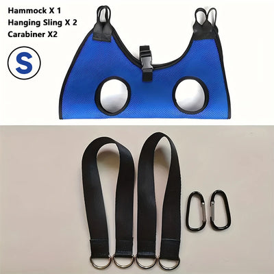Aviour safe grooming hammock for pets in blue with hanging slings and carabiners for secure use