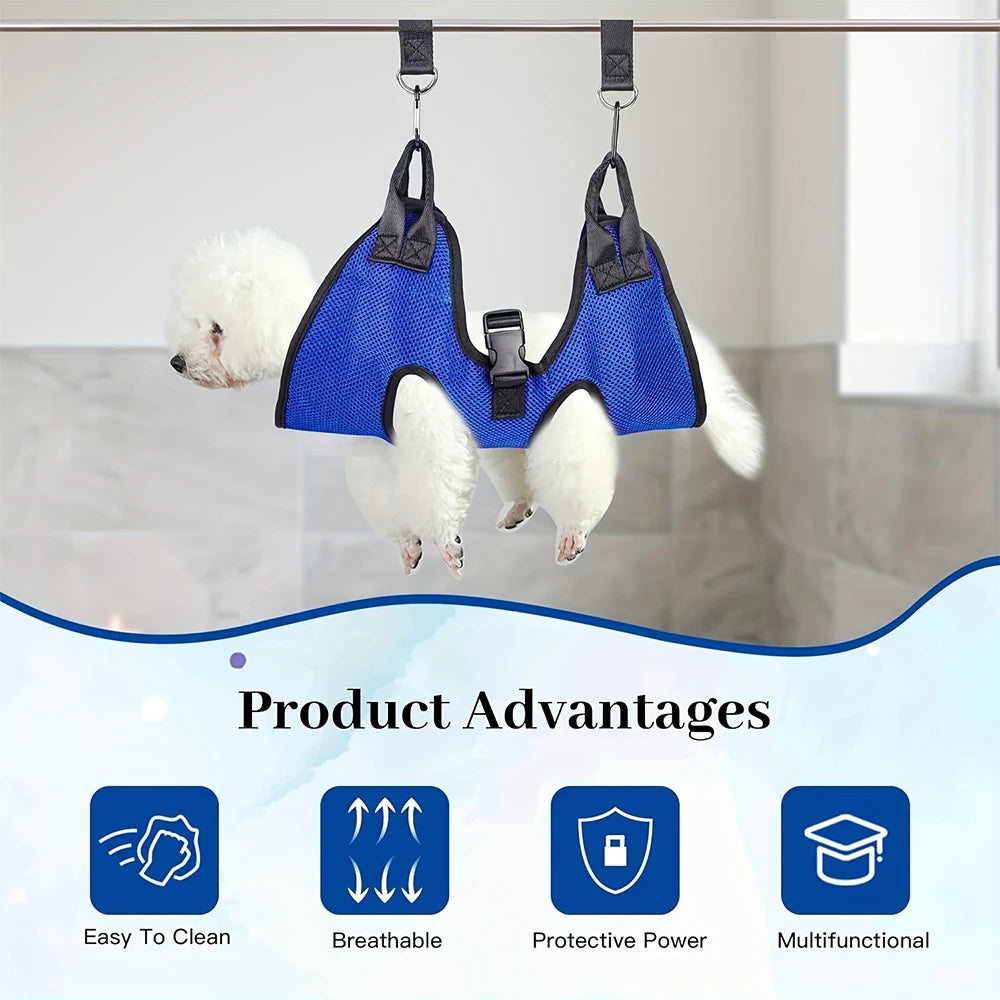 Aviour safe grooming hammock for pets in blue mesh fabric holding a small white dog securely