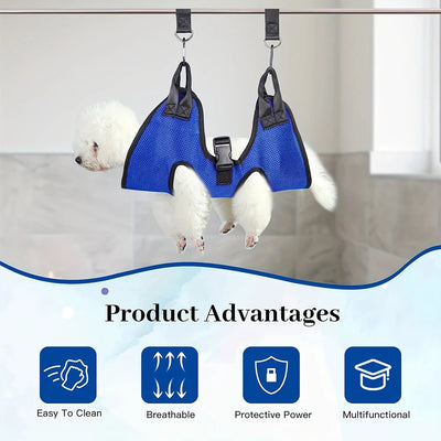 Aviour safe grooming hammock for pets in blue mesh fabric holding a small white dog securely