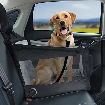 Aviour safe pet seat for car travel with a happy dog sitting securely inside on a car back seat