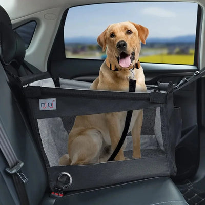 Aviour safe pet seat for car travel with a happy dog securely seated inside the black mesh carrier