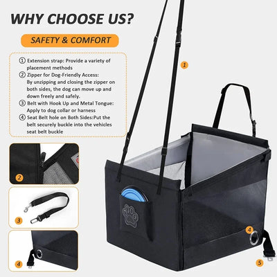 Aviour safe pet seat for car travel with extension strap, zipper access, and seat belt holes for safety and comfort
