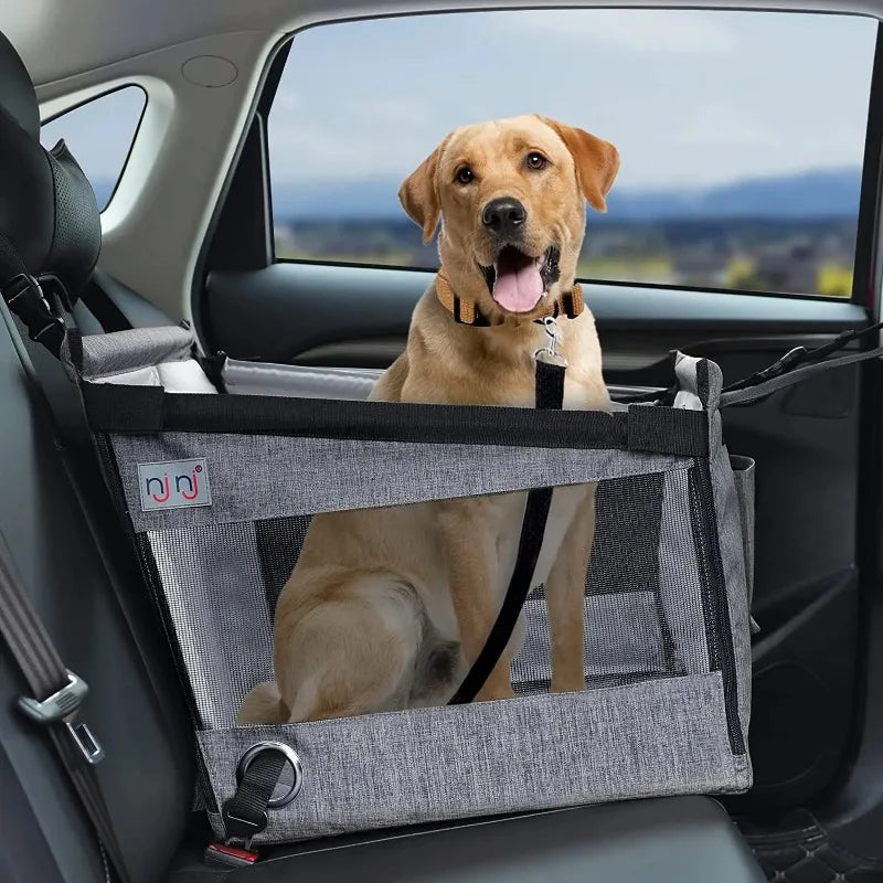 Aviour safe pet seat for car travel with a happy dog sitting securely inside on the back seat