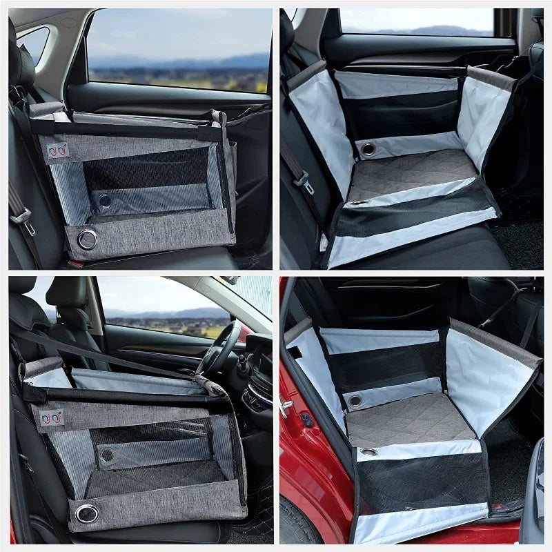 Aviour safe pet seat for car travel shown installed in different car backseat positions with protective sides and mesh panels