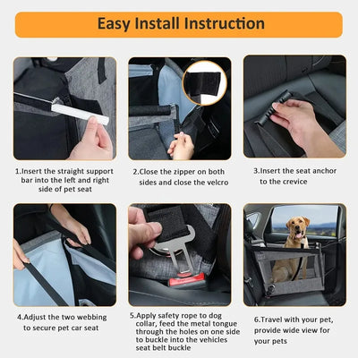 Step-by-step installation instructions for Aviour safe pet seat for car travel with dog secured in seat